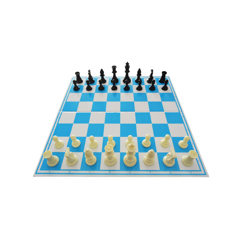 Jeu d'échecs pliable en carton blanc/bleu 47 cm pièces STAUNTON n°6 économiques feutrées