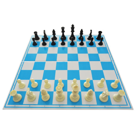 Jeu d'échecs pliable en carton blanc/bleu 47 cm pièces STAUNTON n°6 économiques feutrées