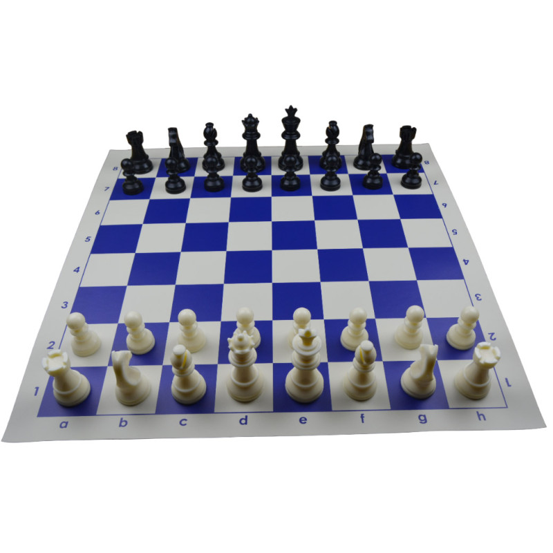Jeu d'échecs en vinyle blanc/bleu 51 cm pièces STAUNTON n°6 économiques 95 mm