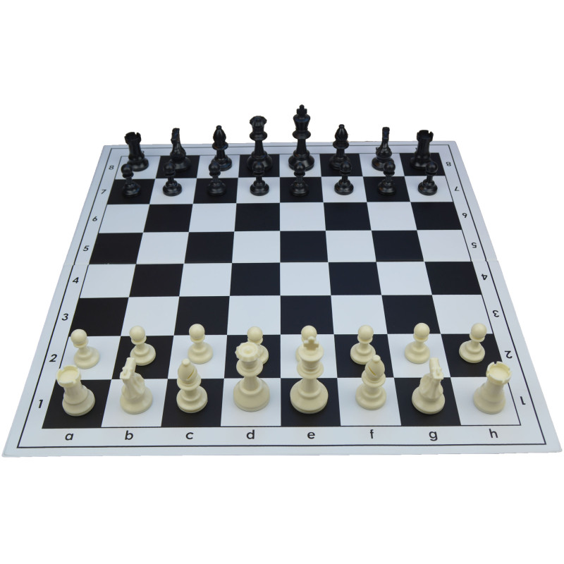 Jeu d'échecs pliable en plastique blanc/noir 43 cm pièces STAUNTON n°4 économiques feutrées
