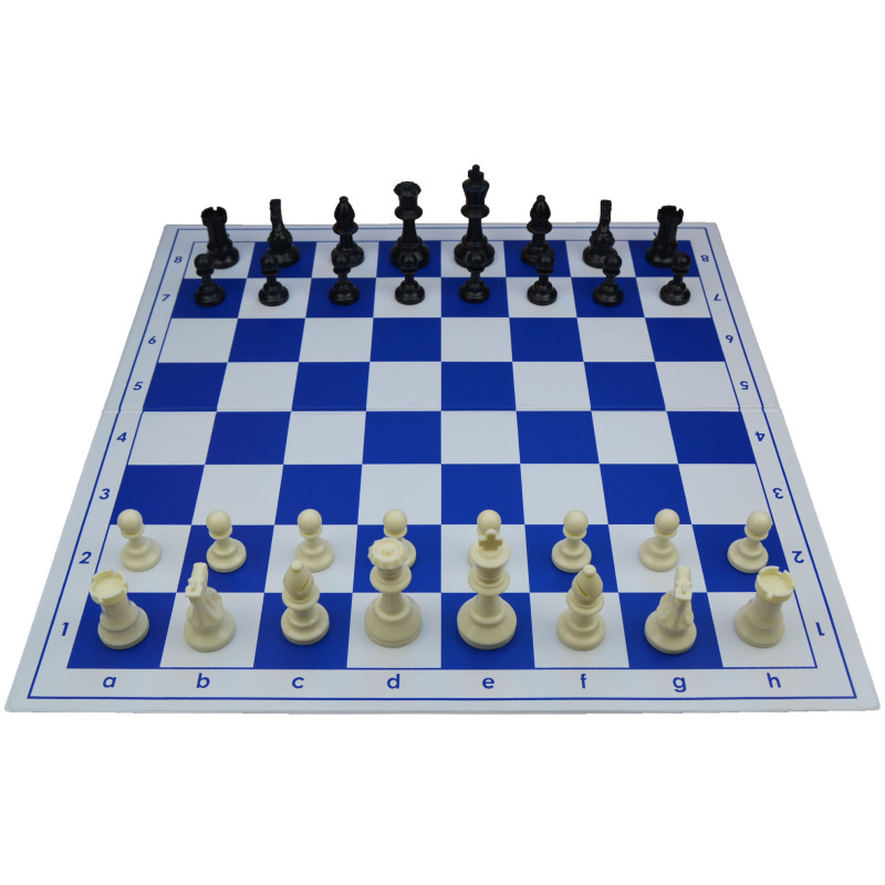 Jeu d'échecs pliable en plastique blanc/bleu 43 cm pièces STAUNTON n°4 économiques feutrées