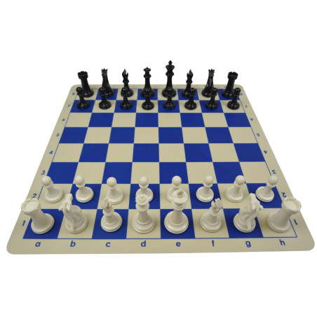 Jeu d'échecs en silicone blanc/bleu 51 cm pièces plastique lestées feutrées style indien
