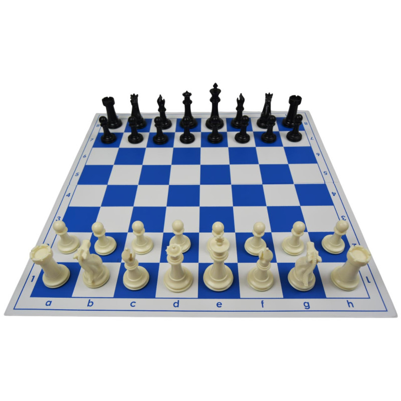 Jeu d'échecs pliable en plastique blanc/bleu 51 cm pièces lestées feutrées style indien