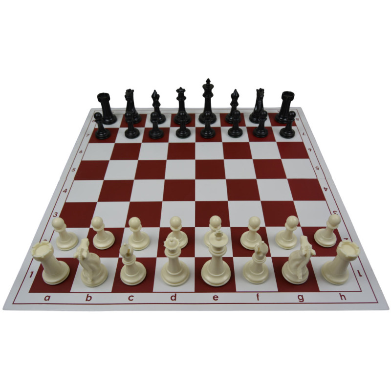 Jeu d'échecs pliable en plastique blanc/rouge 51 cm pièces lestées feutrées style indien