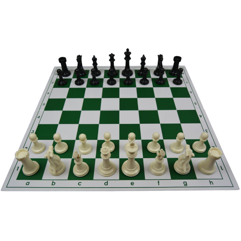 Jeu d'échecs pliable en plastique blanc/vert 51 cm pièces lestées feutrées style indien