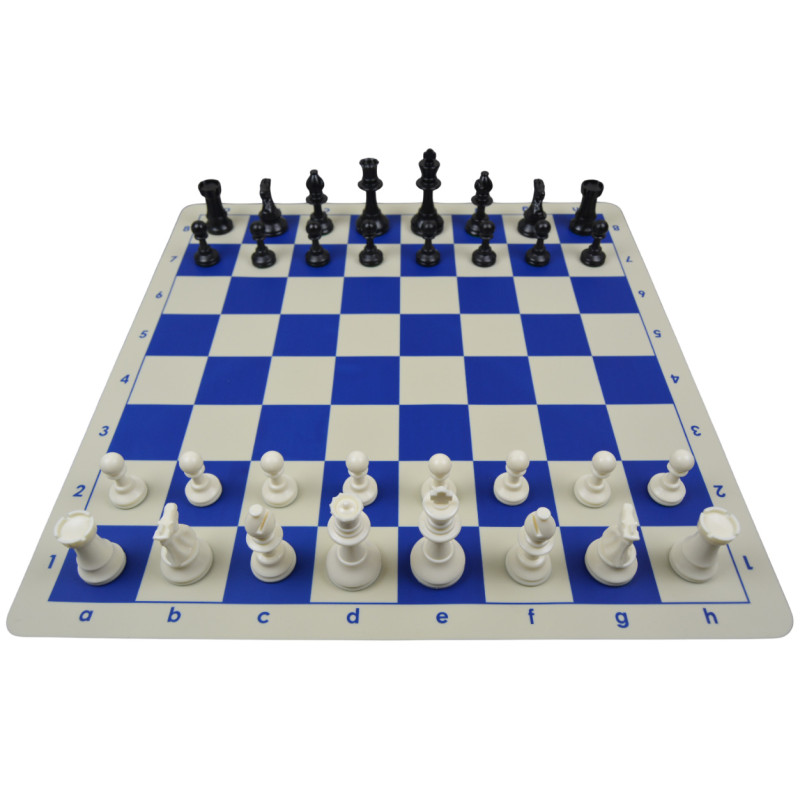 Jeu d'échecs en silicone blanc/bleu 51 cm pièces Club STAUNTON n°6 économiques feutrées