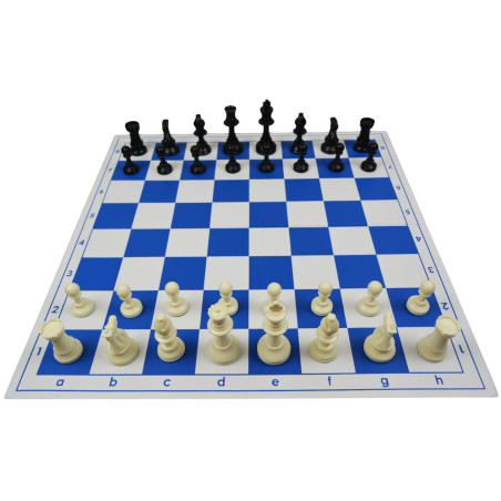 Jeu d'échecs pliable en plastique blanc/bleu 51 cm pièces Club STAUNTON n°6 économiques feutrées