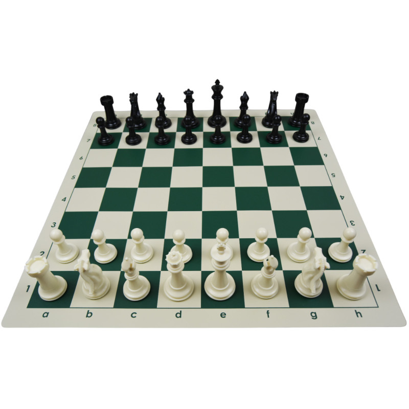 Jeu d'échecs en vinyle blanc/vert 51 cm pièces plastique lestées feutrées style indien