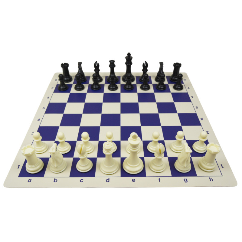 Jeu d'échecs en vinyle blanc/bleu 51cm pièces plastique lestées feutrées style indien 104mm