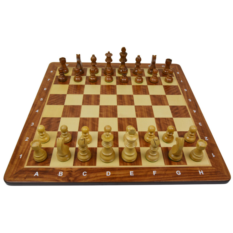 Jeu d'échecs bois padouk coins arrondis pièces STAUNTON style allemand acacia/buis - numéroté taille 5