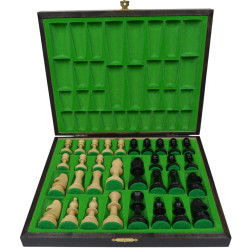 Coffret de rangement luxe bois bouleau noir feutrine verte avec pièces d'échecs STAUNTON n°5 ébonisées charme