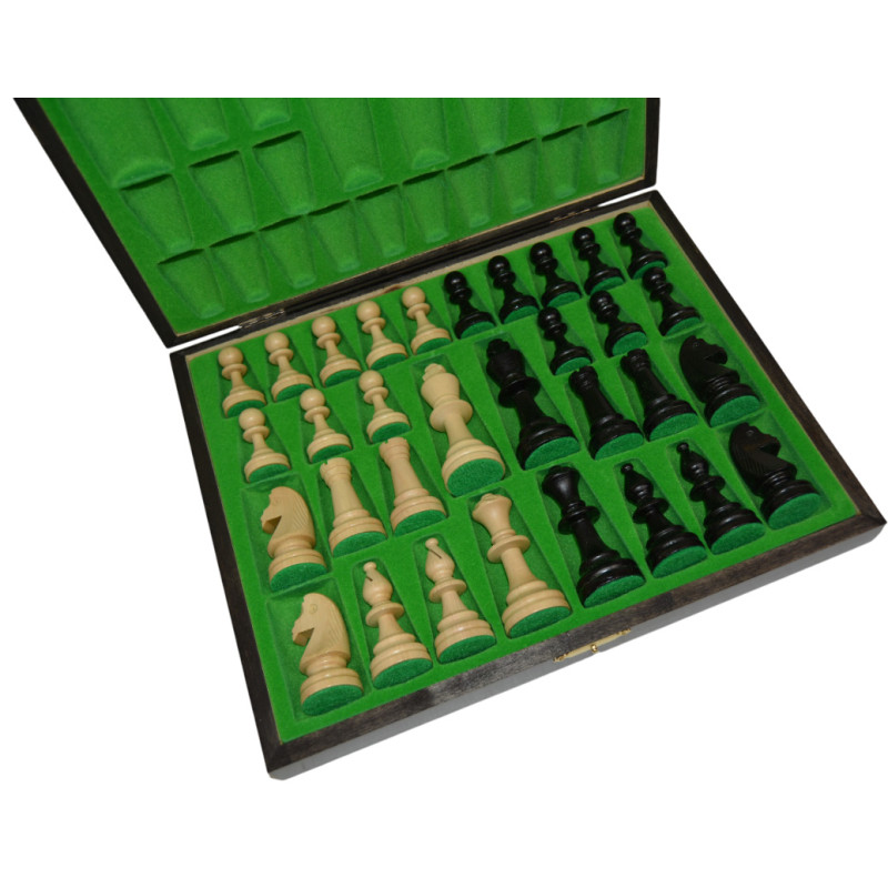 Coffret de rangement luxe bois bouleau noir feutrine verte avec pièces d'échecs STAUNTON n°5 ébonisées charme