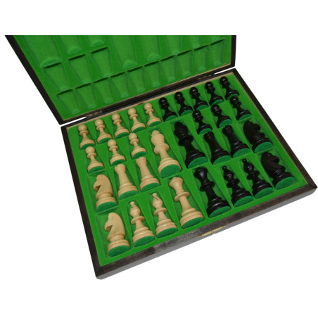 Coffret de rangement luxe bois bouleau noir feutrine verte avec pièces d'échecs STAUNTON n°5 ébonisées charme