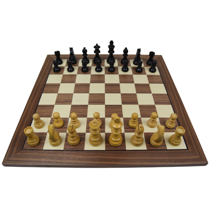 Jeu d'échecs bois noyer bordure noire pièces STAUNTON style allemand ébonisées acacia/buis - taille 5