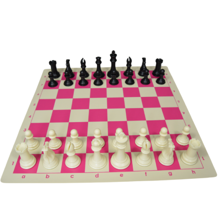 Jeu d'échecs en vinyle blanc/rose 51cm pièces plastique lestées feutrées style indien 104mm