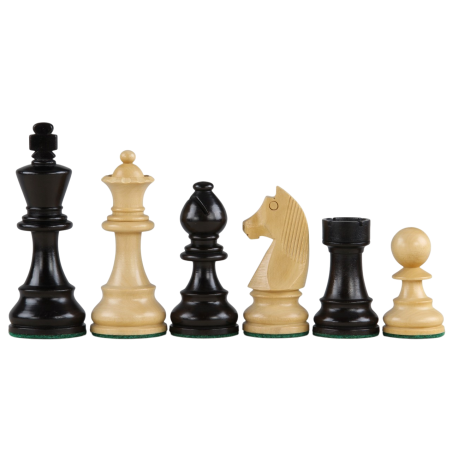 Pièces d'échecs STAUNTON style allemand ébonisées acacia/buis lestées feutrées 76 mm