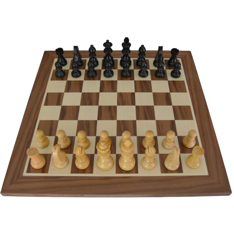 Jeu d'échecs bois noyer pièces STAUNTON style allemand ébonisées acacia/buis - taille 4